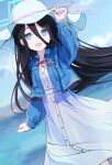  1girl :d absurdly_long_hair absurdres aris_(blue_archive) black_hair blue_archive blue_eyes blue_jacket blue_sky blush bright_pupils cloud cowboy_shot day dress dutch_angle hair_between_eyes hand_on_headwear highres jacket long_hair looking_at_viewer mikisai open_clothes open_jacket open_mouth outdoors ringed_eyes sky smile solo very_long_hair white_dress white_headwear white_pupils 