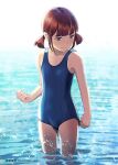  1girl adjusting_clothes adjusting_swimsuit blue_eyes blue_one-piece_swimsuit blush brown_hair cameltoe commentary_request flat_chest hiyori_mizuki looking_down one-piece_swimsuit original school_swimsuit short_hair short_twintails solo swimsuit twintails wading water 