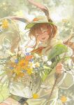  1girl :d ^_^ absurdres amiya_(arknights) amiya_(planter)_(arknights) animal_ears arknights baseball_cap birdy437 bouquet brown_hair chain closed_eyes commentary_request cowboy_shot ears_through_headwear facing_viewer flower green_jacket happy hat highres jacket long_hair long_sleeves multicolored_clothes multicolored_jacket official_alternate_costume open_mouth orange_flower outdoors rabbit_ears sidelocks smile solo teeth two-tone_jacket upper_teeth_only very_long_hair white_bag white_flower white_headwear white_jacket yellow_flower 