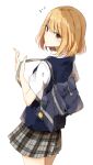  1girl bag blonde_hair blue_bag blue_vest closed_mouth collared_shirt cowboy_shot duffel_bag grey_skirt looking_at_viewer notice_lines orange_eyes original plaid plaid_skirt shiina_kuro shirt short_hair simple_background skirt solo vest white_background white_shirt 