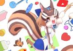  1girl acorn animal_ears boots brown_eyes brown_hair chipmunk_ears chipmunk_girl chipmunk_tail extra_ears gloves highres kemono_friends kemono_friends_v_project kitsunetsuki_itsuki kneehighs looking_at_viewer microphone one_eye_closed ribbon shirt short_hair shorts siberian_chipmunk_(kemono_friends) simple_background smile socks tail vest virtual_youtuber 