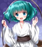  1girl :d aqua_eyes commentary_request green_hair hair_bobbles hair_ornament highres japanese_clothes kimono kisume long_hair looking_at_viewer open_mouth purple_background ruu_(tksymkw) short_hair smile solo touhou two_side_up white_kimono wide_sleeves 