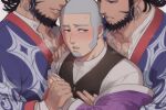  3boys adam&#039;s_apple bara beard black_hair black_vest blue_eyes blue_kimono blush boy_sandwich brown_eyes buzz_cut chest_hair_peek chinstrap_beard clone earrings eyelashes facial_hair foxvulpine goatee golden_kamuy grabbing grabbing_from_behind grey_background grey_hair hand_on_another&#039;s_chest hand_on_another&#039;s_shoulder holding_hands jacket jacket_partially_removed japanese_clothes jewelry kimono kiroranke long_sideburns looking_at_another male_focus mature_male medium_hair multiple_boys muscular muscular_male open_mouth out_of_frame pectoral_cleavage pectorals sandwiched shiraishi_yoshitake shirt short_hair sideburns simple_background sweatdrop thick_beard time_paradox upper_body very_short_hair vest white_shirt yaoi 