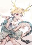  1girl antlers blonde_hair blue_shirt dragon_girl dragon_horns dragon_tail horns ikamagu kicchou_yachie looking_at_viewer open_mouth red_eyes shirt short_hair smoking_pipe square_neckline tail touhou turtle_shell yellow_horns 