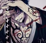  1boy arm_tattoo black_hair blood chest_tattoo collarbone facial_hair finger_tattoo fingernails goatee grey_background grey_eyes grin japanese_clothes looking_ahead male_focus one_piece pectorals short_hair simple_background smile solo sword tattoo trafalgar_law weapon wet_face zkc_fes 