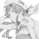  1girl aria_(manga) aria_company_uniform arm_up beret bow bowtie breasts closed_mouth eyelashes greyscale hair_tubes hat hat_ribbon highres looking_at_viewer mizunashi_akari monochrome parted_bangs ribbon sailor_collar short_hair_with_long_locks short_sleeves simple_background small_breasts smile solo suiso_(owp) upper_body 