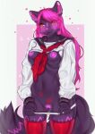 absurd_res blush breasts canid canine canis clothing female flashing genitals hair hi_res in-ka_(morpheuskibbe) lipstick makeup mammal pink_hair pussy school_uniform uniform wolf
