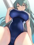  1girl aqua_eyes aqua_hair ass black_one-piece_swimsuit blue_one-piece_swimsuit blush breasts cameltoe competition_swimsuit covered_navel from_above hair_between_eyes hair_ornament hairclip highres kantai_collection large_breasts long_hair looking_at_viewer looking_down montemasa multicolored_clothes multicolored_swimsuit one-hour_drawing_challenge one-piece_swimsuit rei_no_pool smile solo suzuya_(kancolle) swimsuit two-tone_swimsuit window 