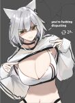  alternate_costume angry animal_ears arknights black_choker bra breasts cat_ears choker cleavage clothes_lift english_text green_eyes grey_hair kal&#039;tsit_(arknights) large_breasts long_sleeves looking_at_viewer medium_hair meme navel nuggetkouhai open_mouth stomach teeth twitter_strip_game_(meme) underwear upper_body white_bra 