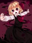  1girl ascot black_skirt black_vest blonde_hair bow collared_shirt cowboy_shot hair_between_eyes hair_bow head_tilt kuromame1025 long_sleeves looking_at_viewer open_mouth red_ascot red_background red_bow red_eyes rumia shirt simple_background skirt skirt_set solo t-pose teeth touhou vest white_shirt 