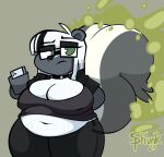 absurd_res anthro belly_overhang breasts choker cleavage cleavage_overflow clothed clothing eyewear female glasses goth green_eyes hair hi_res ivy_(skunkphunk) jewelry mammal mephitid necklace overweight overweight_anthro overweight_female skunk skunkphunk smelly solo stink_clouds stink_fumes white_hair