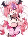  1girl absurdres black_skirt blush breasts choker cleavage demon_girl demon_horns demon_wings fang hair_ornament head_wings heart heart_hair_ornament heart_o-ring heterochromia highres horns ironmouse ironmouse_(13th_costume) jacket large_breasts long_hair looking_at_viewer multiple_wings o-ring o-ring_choker open_mouth pink_hair pink_jacket pink_shirt pointy_ears purple_eyes purple_hair red_eyes shirt skin_fang skirt sky_above_me smile solo twintails virtual_youtuber vshojo wings 