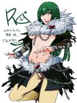  1girl black_cape black_shirt blunt_bangs breasts brown_pants cape chain closed_mouth commentary_request copyright_name crossdressing flowery_peko foot_out_of_frame foot_up fur-trimmed_pants fur_collar fur_trim green_hair heart_pin hime_cut large_breasts long_hair looking_at_viewer medium_bangs navel pants poring ragnarok_online shadow_chaser_(ragnarok_online) sheath shirt shrug_(clothing) simple_background smile solo translation_request underboob waist_cape white_background yellow_eyes 