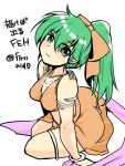  1girl armband bare_shoulders blush bow bracelet breasts dancer detached_sleeves earrings fire_emblem fire_emblem:_genealogy_of_the_holy_war fire_emblem_heroes green_eyes green_hair hair_bow jewelry lene_(fire_emblem) long_hair looking_at_viewer medium_breasts midriff nintendo on_ground pelvic_curtain smile solo thigh_strap thighlet twitter_username white_background yukia_(firstaid0) 
