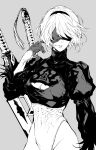  1girl 2b_(nier:automata) absurdres blindfold breasts cleavage cleavage_cutout clothing_cutout commentary_request feather_trim gloves grey_background greyscale hair_ornament hairband hand_up highleg highleg_leotard highres leotard lips long_sleeves medium_breasts mole mole_under_mouth monochrome nier:automata nier_(series) nishiii26miii parted_lips puffy_sleeves short_hair simple_background solo sword turtleneck weapon weapon_on_back 