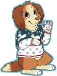 2013 aliasing alpha_channel ambiguous_gender anthro beagle blue_eyes blue_outline bluekyokitty bottomless brown_body brown_fur brown_nose canid canine canis christmas christmas_clothing christmas_sweater christmas_topwear clothed clothing digital_drawing_(artwork) digital_media_(artwork) digitigrade domestic_dog female_(lore) flat_colors floppy_ears fuchsia_(fuchsianess) fur gesture grey_sclera handpaw herding_dog hindpaw holidays hunting_dog lop_ears low_res mammal markings mixed_breed outline pastoral_dog pawpads paws pink_pawpads purple_inner_ear scent_hound sebdoggo semi-anthro simple_background smile snout solo sweater tail tan_body tan_fur topwear transparent_background waving waving_at_viewer welsh_corgi white_markings