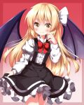  1girl bat_wings blonde_hair blush bow bowtie center_frills closed_mouth commentary_request dress frilled_dress frills gradient_background hair_ribbon highres juliet_sleeves kurumi_(touhou) long_hair long_sleeves looking_at_viewer puffy_sleeves red_background red_bow red_bowtie ribbon ruu_(tksymkw) shirt smile solo suspenders touhou touhou_(pc-98) white_ribbon white_shirt wings yellow_eyes 