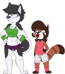 2017 3_toes 4_fingers ailurid alpha_channel anthro athletic athletic_anthro athletic_female barefoot biped black_body black_ears black_eyebrows black_eyelashes black_fur black_hair black_pupils black_tail black_tuft blue_eyes bottomwear breasts brown_body brown_countershading brown_ears brown_fur brown_hair brown_inner_ear brown_markings brown_stripes brown_tail canid canine canis cheek_tuft clothed clothed_anthro clothed_female clothing colored countershade_face countershade_fur countershade_neck countershade_tail countershade_torso countershading curled_tail desilu_(chokovit) digital_drawing_(artwork) digital_media_(artwork) dog_ears dog_tail domestic_dog duo eye_contact eyebrow_through_hair eyebrows eyeshadow facial_markings facial_tuft feet female female_anthro fingers fluffy fluffy_tail front_view full-length_portrait fur gloves_(marking) green_clothing green_shirt green_tank_top green_topwear green_wristband hair hand_on_hip hands_on_hips head_markings hi_res husky janette_cho kabula_(artist) larger_anthro larger_female leg_markings leg_warmers legwear looking_at_another looking_down looking_down_at_another looking_up looking_up_at_another makeup mammal markings midriff navel no_pupils nordic_sled_dog pattern_clothing pattern_leg_warmers pattern_legwear pattern_shirt pattern_topwear portrait prick_ears pupils purple_bottomwear purple_clothing purple_eyeshadow purple_nose purple_shorts red_clothing red_leg_warmers red_legwear red_panda red_panda_tail red_shirt red_tongue red_topwear ring_(marking) ringtail shirt shorts simple_background size_difference smaller_anthro smaller_female socks_(marking) solo spitz standing striped_clothing striped_leg_warmers striped_legwear striped_shirt striped_topwear stripes tail tail_markings tank_top tear_(marking) toes tongue tongue_out topwear translucent translucent_hair transparent_background tuft white_body white_bottomwear white_clothing white_countershading white_ears white_inner_ear white_shorts white_tuft