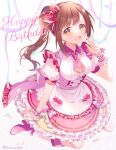  1girl absurdres arm_support blurry blush boots bow breasts brown_eyes brown_hair confetti depth_of_field dress dress_bow frilled_dress frilled_ribbon frills hair_bow hair_ribbon hand_up happy_birthday high_heel_boots high_heels highres idolmaster idolmaster_cinderella_girls idolmaster_cinderella_girls_starlight_stage igarashi_kyoko konase_(non_stop!) layered_dress long_hair looking_at_viewer medium_breasts necktie open_mouth pink_bow pink_dress pink_footwear pink_necktie pink_scrunchie polka_dot polka_dot_bow puffy_short_sleeves puffy_sleeves red_ribbon ribbon scrunchie short_sleeves side_ponytail sitting smile solo twitter_username wariza white_background wrist_scrunchie 