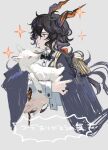  1boy absurdres animal animal_ears black_hair bow cape curly_hair ebenholz_(arknights) epaulettes from_side goat goat_boy goat_ears goat_horns grey_background hair_bow highres holding holding_animal horns long_hair low_ponytail male_focus purple_eyes sketch solo sparkle yomotobi 