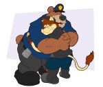 2023 anthro bear black_nose bottomwear brok_the_investigator brown_body clothing duo embrace fan_character felid hat headgear headwear hi_res hug lion male mammal mezasalvador overweight overweight_male pantherine pants police police_hat police_uniform r.j._(brok_the_investigator) shirt simple_background topwear uniform