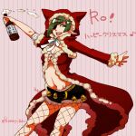  1girl alcohol artist_name asymmetrical_hair bandages beer beer_bottle black_shorts bottle breasts commentary_request cowboy_shot cross-laced_clothes cross-laced_top diagonal_bangs eyepatch fishnet_pantyhose fishnets flowery_peko fur-trimmed_shorts fur_trim green_eyes green_hair holding holding_bottle hood hood_up jacket long_sleeves looking_at_viewer medium_breasts navel open_mouth pantyhose pointy_ears ragnarok_online red_jacket rogue_(ragnarok_online) short_hair short_shorts shorts smile solo striped striped_background teeth tongue translation_request upper_teeth_only 