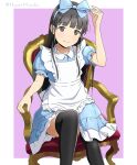  1girl alice_(alice_in_wonderland) alice_(alice_in_wonderland)_(cosplay) alice_in_wonderland apron armchair black_hair black_thighhighs blue_dress blue_hairband blush bow_hairband brown_eyes chair commentary_request cosplay dress hairband hiyori_mizuki long_hair looking_at_viewer original puffy_short_sleeves puffy_sleeves short_sleeves sitting smile solo thighhighs white_apron 