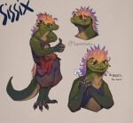 aandrisk alien anthro brown_eyes clothed clothing dinosaur feathered_crest feathered_dinosaur feathers female flower green_body green_scales head_crest lizard orchid_(flower) plant reptile scales scalie sephive sissix_(wayfarers) smile solo yellow_body yellow_feathers yellow_scales