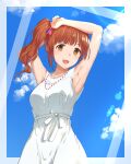 1girl armpits arms_up bare_shoulders blue_sky blush bow breasts brown_eyes brown_hair cloud collarbone cowboy_shot dress hair_bow hair_ribbon highres idolmaster idolmaster_cinderella_girls idolmaster_cinderella_girls_starlight_stage igarashi_kyoko jewelry kozeni_isari lens_flare long_hair looking_at_viewer medium_breasts necklace open_mouth pink_ribbon rainbow_gradient ribbon side_ponytail sky sleeveless sleeveless_dress smile standing sunlight waist_bow white_bow white_dress 