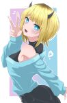  1girl :3 absurdres armpits benjamin_1kt blonde_hair blue_sweater bob_cut demon_horns fake_horns highres horns inverted_bob memcho multicolored_hair off-shoulder_sweater off_shoulder oshi_no_ko roots_(hair) sweater 