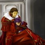  2boys ahoge armor brown_eyes brown_hair closed_eyes commentary_request facial_hair fire_emblem fire_emblem:_mystery_of_the_emblem fur_trim gloves hardin_(dark_emperor)_(fire_emblem) hardin_(fire_emblem) hug multiple_boys mustache on_floor purple_hair red_armor red_gloves roshea_(fire_emblem) short_hair sitting y-f 