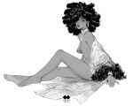  1girl afro big_hair blush bracelet breasts commentary dark-skinned_female dark_nipples dark_skin earrings fingernails godiva_ghoul hair_over_one_eye jewelry long_legs looking_at_viewer medium_breasts mole mole_on_breast mole_on_cheek monochrome multiple_moles necklace nipples off_shoulder on_floor original pearl_bracelet pearl_earrings pearl_necklace pointy_breasts sitting soles solo symbol-only_commentary toenails toes very_dark_skin 
