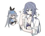  2girls alternate_costume blue_eyes blue_hair closed_mouth eyeliner fu_hua fu_hua_(herrscher_of_sentience) fu_hua_(ooh!_summer!)_(herrscher_of_sentience) grey_hair haigo_ti hair_between_eyes high_ponytail honkai_(series) honkai_impact_3rd long_hair low_ponytail makeup multicolored_hair multiple_girls official_alternate_costume on_head open_clothes open_shirt ponytail red_eyeliner red_eyes shirt simple_background streaked_hair swimsuit white_background white_hair white_shirt yellow_pupils 