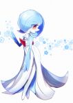  1boy absurdres alternate_color ascot blue_flower blue_hair blue_skin blush bob_cut chisen_maimai closed_mouth colored_skin commentary_request flower full_body gardevoir hair_over_one_eye hand_up happy highres looking_to_the_side male_focus multicolored_skin omega_symbol one_eye_covered otoko_no_ko pokemon pokemon_(creature) red_eyes shiny_pokemon short_hair smile solo standing symbol-shaped_pupils two-tone_skin white_ascot white_background white_skin 