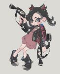  1girl asymmetrical_bangs black_choker black_footwear black_hair black_jacket blush choker dress grey_background gun hair_ribbon highres holding holding_gun holding_weapon jacket long_hair looking_at_viewer marnie_(pokemon) open_clothes open_jacket pink_dress pokemon pokemon_swsh red_ribbon ribbon simple_background solo splatoon_(series) twintails weapon yabi_(akfkzkcl) 