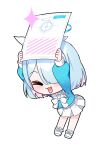  1girl :3 absurdres alfie_(artist) arms_up arona_(blue_archive) blue_archive blue_hair blue_shirt blush bow bowtie braid chibi colored_inner_hair hair_over_one_eye halo highres holding holding_paper leaning_forward long_sleeves multicolored_hair open_mouth paper sailor_collar shirt shoes short_hair simple_background single_braid skirt smile sneakers solo sparkle standing white_background white_footwear white_skirt 