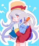  1girl :d absurdres blue_background blue_jacket blush bow bowtie center_frills commentary_request cowboy_shot food frills grey_hair hair_between_eyes hat hat_bow highres incoming_food jacket long_hair looking_at_viewer mascot noniha open_clothes open_jacket open_mouth orange_eyes pleated_skirt polka_dot polka_dot_bow polka_dot_bowtie red_bow red_skirt shirt skirt smile solo standing star_(symbol) umaibou umami-chan very_long_hair white_bow white_bowtie white_shirt yaokin 