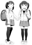  1girl backpack bag charm_(object) full_body greyscale hair_bobbles hair_ornament hiyori_mizuki jacket looking_at_viewer monochrome multiple_views original paid_reward_available parted_lips randoseru shoes short_hair skirt smile sneakers thighhighs twintails zettai_ryouiki 