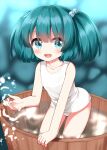  1girl :d blurry blurry_background blush bucket collarbone commentary_request green_eyes green_hair hair_bobbles hair_ornament highres kisume looking_at_viewer one-piece_swimsuit open_mouth ruu_(tksymkw) short_hair smile solo swimsuit touhou two_side_up water white_one-piece_swimsuit 