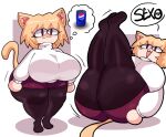 animal_humanoid big_breasts big_butt blonde_hair bottomwear breasts butt cat_humanoid clothing felid felid_humanoid feline feline_humanoid female hair hi_res huge_breasts huge_butt huge_thighs humanoid inner_ear_fluff leggings legwear lewd_dorky looking_at_viewer lying mammal mammal_humanoid neco-arc on_back red_eyes skirt smile solo spanish_text speech_bubble sweater text thick_thighs thought_bubble topwear tsukihime tuft type-moon white_body white_skin wide_hips