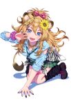  1girl absurdres all_fours animal_ear_fluff animal_ears animal_print bandaid bandaid_on_leg blonde_hair blue_eyes blush breasts clothes_around_waist crown fangs fingernails flower full_body hair_flower hair_ornament hairclip hand_up highres jacket jacket_around_waist jewelry lion_ears lion_tail lips long_hair looking_at_viewer loose_socks medium_breasts mini_crown morikura_en nail_polish necklace necktie open_mouth original pleated_skirt polka_dot ribbon scan scrunchie shadow shirt shoes simple_background skirt sleeves_rolled_up socks sunflower sunflower_hair_ornament tail teeth torn_clothes torn_shirt white_background wrist_scrunchie zebra_print 