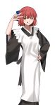  1girl ;q absurdres apron black_kimono blue_bow bow hair_bow half_updo hand_on_own_hip highres japanese_clothes kimono kohaku_(tsukihime) maid maid_apron musi_2nd one_eye_closed red_hair short_hair simple_background solo tongue tongue_out tsukihime w wa_maid white_apron white_background wide_sleeves yellow_eyes 