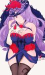  1girl alternate_costume artist_name bare_shoulders breasts camilla_(fire_emblem) cleavage closed_mouth cosplay fascinator fire_emblem fire_emblem_engage fire_emblem_fates fur_trim gloves grey_background hair_over_one_eye hand_on_own_chest headdress highres ivy_(fire_emblem) ivy_(fire_emblem)_(cosplay) large_breasts long_hair purple_eyes purple_hair serafineart1001 sitting solo thighhighs thighs 