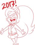 2017 4_fingers accessory american_red_squirrel anthro big_tail biped bottomwear buckteeth chokovit_(artist) clothed clothed_anthro clothed_female clothing dated digital_drawing_(artwork) digital_media_(artwork) exclamation_point eyebrow_through_hair eyebrows feet female female_anthro fingers fluffy fluffy_tail freckles fur hair hair_accessory hairclip hi_res holidays jacket lauren_dubois long_tail mammal monochrome moon_hairclip necktie new_year new_year_2017 open_mouth open_smile pine_squirrel pleated_skirt red_and_white rodent sciurid simple_background skirt smile solo squirrel_tail standing tail teeth tongue topwear translucent translucent_hair tree_squirrel white_background