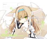  1girl animal_ear_fluff animal_ears arknights artist_name bare_shoulders black_gloves blonde_hair blue_hairband blush closed_mouth commentary_request dated fox_ears fox_girl fox_tail gloves green_eyes hairband hugging_own_tail hugging_tail infection_monitor_(arknights) itsuki_02 kitsune kyuubi long_hair messy_hair multiple_tails request_inset single_glove sleepy solo suzuran_(arknights) tail translation_request twitter_username 