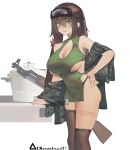  1girl artist_name assault_rifle asymmetrical_legwear blush breasts brown_eyes brown_hair camouflage camouflage_jacket cleavage cowboy_shot eyewear_on_head girls&#039;_frontline goggles goggles_on_head gun hand_on_own_hip highres jacket kalashnikov_rifle large_breasts long_hair looking_at_viewer no_panties off_shoulder open_clothes open_jacket red_star rifle rosetta(obsidian117) solo star_(symbol) thighhighs type_56-1_(girls&#039;_frontline) type_56-1_(mod3)_(girls&#039;_frontline) type_56_assault_rifle weapon white_background 