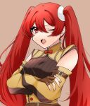  1girl ;d brown_gloves crossed_arms detached_sleeves fang fingerless_gloves fire_emblem fire_emblem_awakening gau_fe gloves hair_between_eyes long_hair looking_at_viewer one_eye_closed red_eyes red_hair severa_(fire_emblem) skin_fang smile solo twintails upper_body 