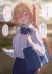  1girl bag blonde_hair blue_bow blue_bowtie blue_skirt blurry blurry_background blush bow bowtie breast_pocket collared_shirt colored_tips commentary crossed_bangs dress_shirt hair_between_eyes hair_ribbon high_ponytail highres long_hair looking_at_viewer multicolored_hair ni_(221) open_mouth original pink_eyes pink_hair pink_ribbon pleated_skirt pocket ponytail ribbon school_bag school_uniform shirt shirt_tucked_in skirt smile solo symbol-only_commentary tongue translation_request very_long_hair white_shirt 