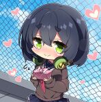  1girl absurdres black_hair black_sailor_collar black_skirt blue_sky blush brown_sweater chain-link_fence chibi closed_mouth cloud commentary_request day fence green_eyes hair_between_eyes headphones headphones_around_neck heart highres holding kyoumachi_seika long_sleeves milkpanda necktie nose_blush outdoors pleated_skirt puffy_long_sleeves puffy_sleeves red_necktie sailor_collar shirt short_eyebrows skirt sky sleeves_past_wrists smile solo sweater thick_eyebrows voiceroid white_shirt wrapped_bento 