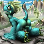  101 4_toes all_fours anthro avian back_turned balls blue_body butt dinosaur dudey_101 erection feather grey_eyes guido lake land_before_time looking_at_viewer male microraptor mountain nude open_mouth penis presenting raised_tail scalie solo the_land_before_time winged_arms 